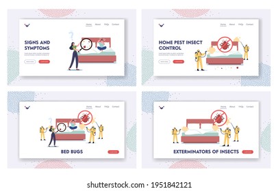 Characters Suffer of Bed Bugs Landing Page Template Set. Professional Pest Control Service Exterminators in Hazmat Suits Spraying Toxic Liquid for Disinsection Room. Cartoon People Vector Illustration