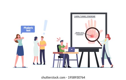 Characters Suffer Of Carpal Tunnel Syndrome Due To Median Nerve Compression In Wrist After Long Working On Pc. Woman Make Phalen Test, Office Worker Health Problem. Cartoon People Vector Illustration