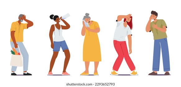 Characters Suffer from Heat that Can Cause Dehydration, Exhaustion, And Heatstroke, Resulting In Fatigue, Dizziness, Nausea, Headache, Cramps, Organ Damage Or Death. Cartoon People Vector Illustration