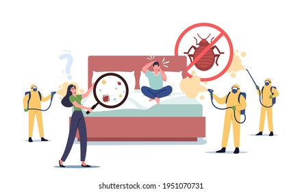 Caracteres que sufren de ataques con bichos de cama, llamada al servicio profesional de control de plagas. Exterminadores en Hazmat Suits con líquido tóxico para pulverización para sala de disección. Ilustración de vectores de personas de caricatura