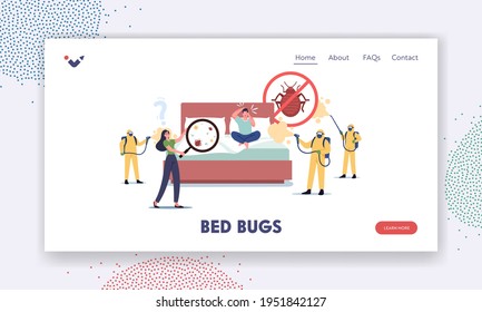 Characters Suffering of Bed Bugs Landing Page Template. Professional Pest Control Service Exterminators in Hazmat Suits Spraying Toxic Liquid for Disinsection Room. Cartoon People Vector Illustration