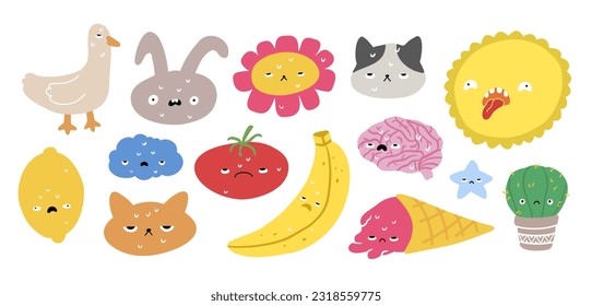 Characters suffering from heat. Set of stickers animals, fruits and vegetables