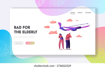 Characters Suffering of Noise Pollution Landing Page Template. Big City Stress, Dwellers Covering Ears to Stop Hearing Loud Sounds Made by Take Off Airplane. Cartoon People Vector Illustration