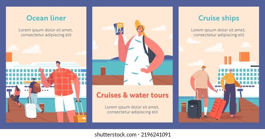 Los Personajes Se Relajan En Los Carteles De Los Buques De Caricatura En El Océano. Viaje De Vacaciones En Verano En Buque Náutico De Pasajeros. Gente Embarazada En Cubierta De Cruceros Con Fondo Natural Del Mar. Carteles de vectores