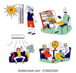 Characters in Summer Time Hot Period Concept. Sweltering in Heat Young and Aged People Sitting on Sofa Use Fans, Using Conditioner, Pouring Water to Get a Little Bit Cool. Linear Vector Illustration
