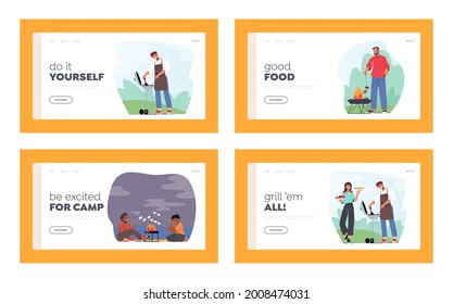 Characters Summertime Fun, Frying Meat on Barbecue Landing Page Template Set. Kids Roast Marshmallow Outdoor. Family or Friends Cooking at Front Yard or Summer Camp. Cartoon People Vector Illustration