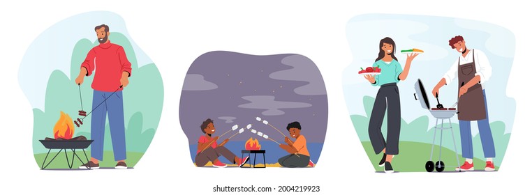 Characters Summertime Fun. Man In Chief Apron Frying Meat On Barbecue, Kids Roast Marshmallow Outdoor. Family Or Friends Cooking At Front Yard Or Summer Camp. Cartoon People Vector Illustration