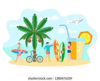 Characters surfers on the beach, a refreshing drink, coconut palm. Composition of vacationers surfers on the shore for the design of brochures and social media. Vector illustration.