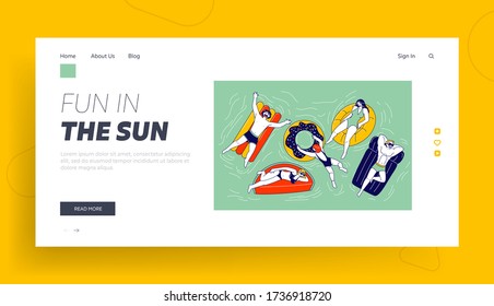 Characters Swimming on Inflatable Mattresses in Ocean, Sea or Swimming Pool Landing Page Template. Diverse People Men and Women Have Fun, Relaxing on Summer Vacation Resort. Linear Vector Illustration