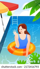 Characters swimming at the seaside in summer, big summer solar term, summer swimming hobby class summer camp activities, vector illustration