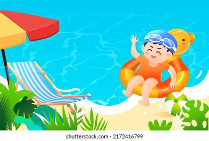 Characters swimming at the seaside in summer, big summer solar term, summer swimming hobby class summer camp activities, vector illustration