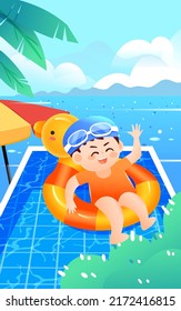 Characters swimming at the seaside in summer, big summer solar term, summer swimming hobby class summer camp activities, vector illustration