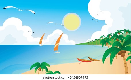 Characters swimming and surfing at the seaside in summer, big summer solar term, summer beach outdoor activities, vector illustration