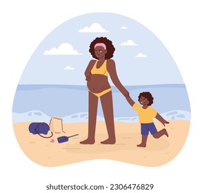 Characters in a swimsuit spending time on the beach. Pregnant woman with a little son walking on a sand. Summer time vacation. Family activities and entertainment. Flat vector illustration