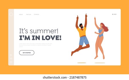 Characters in Swimwear Rejoice Landing Page Template. Jump. Happy People Jump with Hands Up, Celebrating Beach Party. Man in Swimming Shorts and Woman in Bikini Summer Fun. Cartoon Vector Illustration