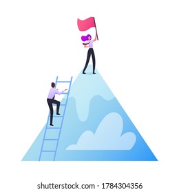 Characters Take New Height. Business Team Climbing Up of Mountain. Businessman Stand on Ladder, Businesswoman with Flag. Successful Career Leadership Teamwork. Cartoon People Vector Illustration