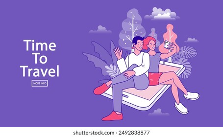 Characters take pictures making selfie outdoor on travel or vacation trip using mobile phone. Vlogger recording video for social media. Traveler insurance online concept. Vector outline of travel.