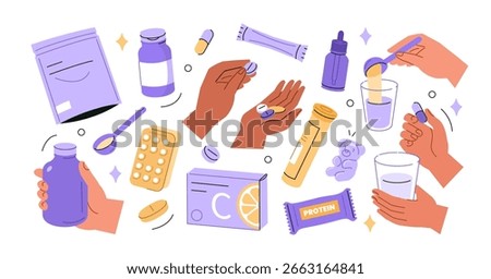 Characters taking pills set. Vitamins, minerals, protein and other health supplements in bottles, capsules, powder. Healthcare,  concept. Vector illustration.