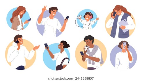 Characters talking phone. Happy people use gadgets. Woman listening to music. Man reading E-books. Persons communicate on social media networks. Circle portraits. Garish