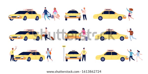 Characters and taxi. Person\
car passengers and taxi driver standing near car vector taxi\
service flat set