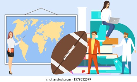 Characters of teachers with their teaching subjects. World map, microscope, textbooks, glass flask, ball for playing American football. Various school disciplines, chemistry, geography, literature.