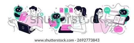 Characters teaching Ai robot assistant from data. Large language model training, neural network, machine learning concept collection. Doodle vector illustration set.