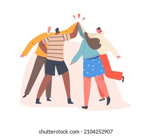 Characters Team Celebrate Triumph. Men and Women Feeling Positive Emotions Giving Highfive to Each Other, Goal Achievement, Good Mood, Victory or Successful Deal. Cartoon People Vector Illustration