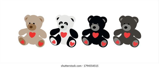 Characters teddy bears. Brown, grey, black, panda. Beautiful animal design elements. Funny illustration Valentine's Day toy on isolated white background