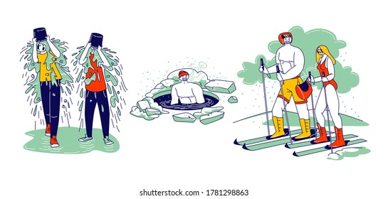 Characters Temper Swimming in Ice Hole, Skiing without Clothes. Young People Pouring Water Bucket on Head Getting Wet Outdoors in Internet Viral Media Network Challenge. Linear Vector Illustration