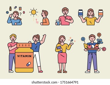 Characters that inform you about eating various vitamins. flat design style minimal vector illustration.