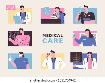 Characters that show the doctor's various treatment activities. flat design style minimal vector illustration