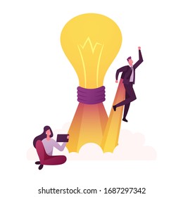 Characters Think Outside Concept. Woman Sitting With Tablet Pc, Businessman Take Off With Rocket Engine Front Of Huge Glowing Light Bulb, Creativity And Outstanding. Cartoon People Vector Illustration