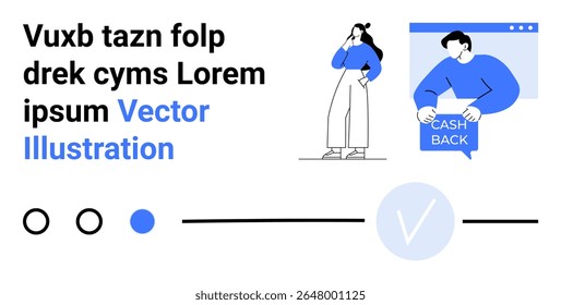Personagens com poses pensativas, tela de computador, cash back, texto preto e azul. Ideal para finanças, atendimento ao cliente, comércio eletrônico, reembolsos, marketing digital, experiência do usuário e desenvolvimento de aplicativos