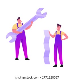 Characters with Tools Install Appliances. Tiny Men in Overalls Hold Huge Wrench and Paper Sheet. Handymen Fixing Broken Technics at Home, Repair Service Call Master. Cartoon People Vector Illustration