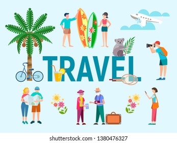 Characters tourists, vacationers, couples of young people and pensioners, travelers, sightseeing, photographing. Travel Composition for design of advertising brochures and banners.