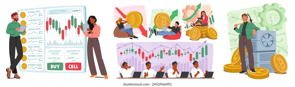 Characters Trade Cryptocurrency By Buying And Selling Digital Assets On Various Platforms, Aiming To Profit From Price Fluctuations Or Invest In Promising Projects. Cartoon People Vector Illustration svg