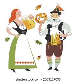 Characters of the traditional Oktoberfest festival. A girl and an elderly German in national costumes are drinking beer. Vector illustration.