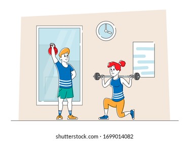 Characters Training in Gym. Woman Squatting with Weight, Man Lifting Barbell People in in Sportswear Workout, Prepare for Competition. Exercise, Sport Activity Lifestyle. Linear Vector Illustration