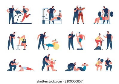 Characters training with personal trainer, athlete with coach. Athletic men and women doing workout with gym fitness instructor vector set. Doing active exercises with weight and dumbbells