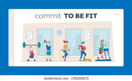 Characters Training with Professional Equipment in Gym Landing Page Template. People Doing Fitness Workout with Weight, Running on Treadmill. Sport Activity, Healthy Life. Linear Vector Illustration