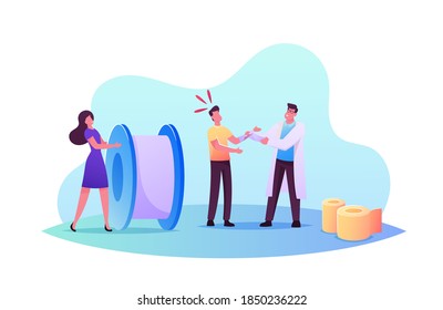 Characters in Traumatological Department. Medical Assistant, Nurse or Doctor Traumatologist Applying Bandage Onto Male Patient Hand in Clinic. Limb Fracture. Cartoon People Vector Illustration