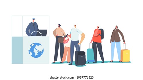 Characters Traveling Concept. Passport Control Worker Check Tourists Documents in Airport. People with Luggage and Backpacks Leaving Country for Immigration or Trip Abroad. Cartoon Vector Illustration