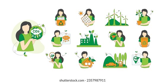 Characters trying to reduce co2 emission by using clean energy and warning about co2 emission to reduce climate change problem. Environmental protection and flat cartoon vector illustration set.
