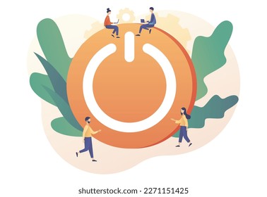 Caracteres apagando y activando el botón. El concepto "Apagado". Pequeñas personas oprimen el interruptor. Ahorra energía. Estilo moderno de dibujos animados planos. Ilustración del vector sobre fondo blanco