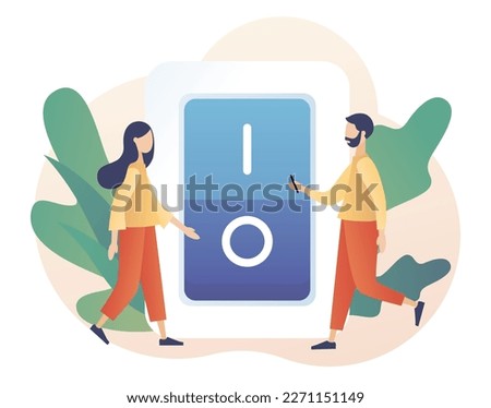 Characters turning off and turning on devices. On Off button concept. Tiny people press switch. Save energy. Modern flat cartoon style. Vector illustration on white background