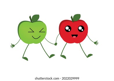 Characters two apples walking happily enjoying life. isolated vectors with white background elements in red and green.