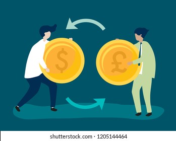 Characters of two businessmen exchanging currency illustration
