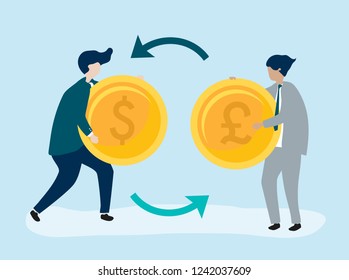 Characters of two businessmen exchanging currency illustration