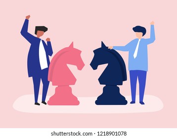 Personajes de dos empresarios que interpretan la ilustración del ajedrez