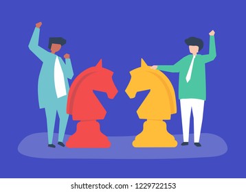 Characters of two businessmen playing chess illustration